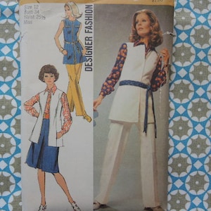 May include: A sewing pattern for a sleeveless dress with a vest. The pattern is for a size 12, bust 34, waist 25.5, and is for misses. The pattern is from Designer Fashion.