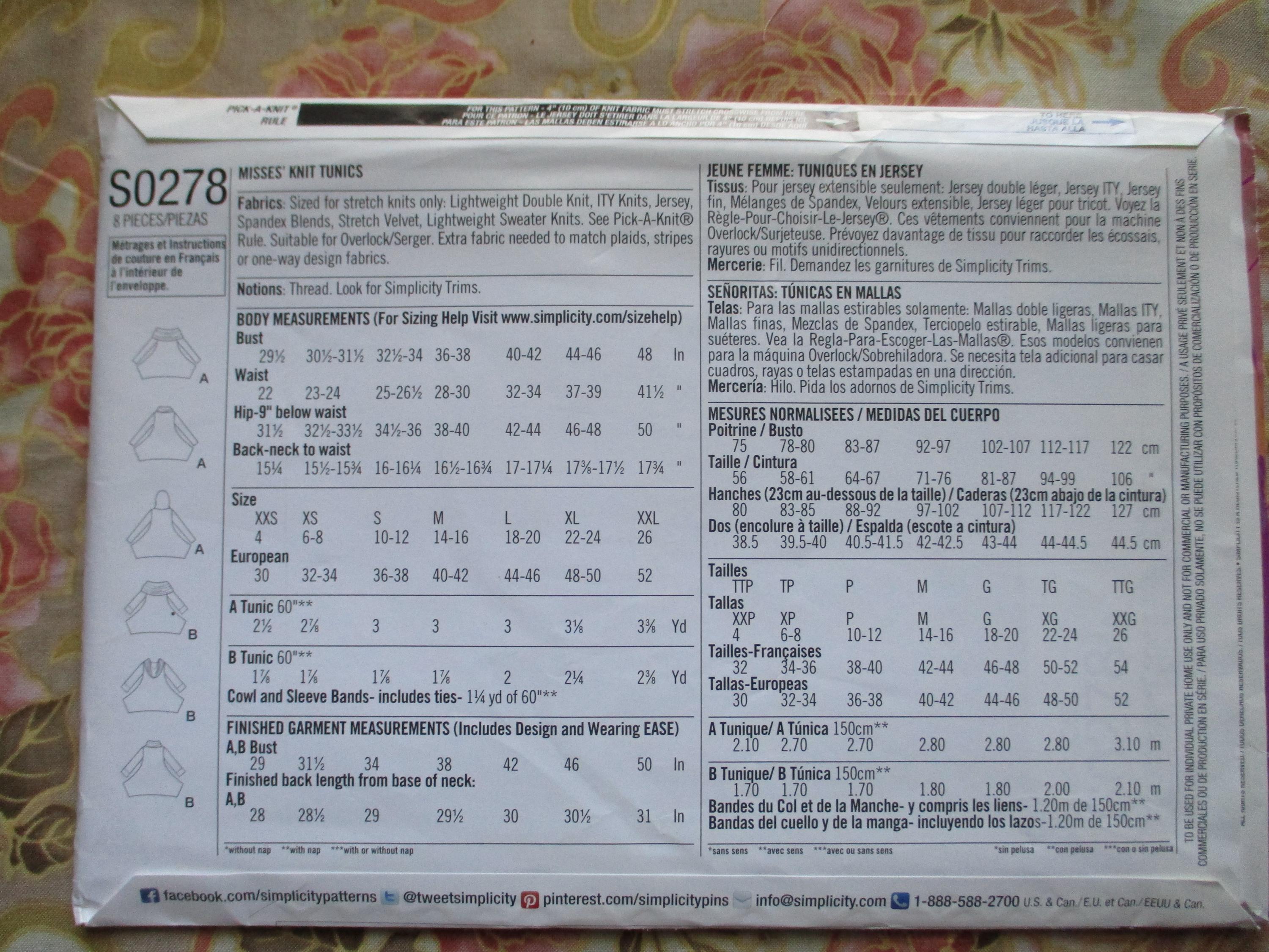 2010s Simplicity Sewing Pattern 0278 Misses Knit Tunics Sizes XXS-XXL ...