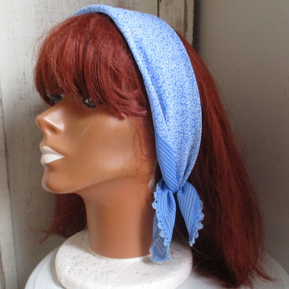 Vintage 1970s polyester scarf blue sheer small pr… - image 4