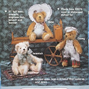 May include: Image of three teddy bears. One is 11 inches tall, wearing overalls, an engineer hat, sunsuit, and bonnet. The bears are made from 100% wool or distressed mohair fur. The bears have jointed arms, legs, and heads.