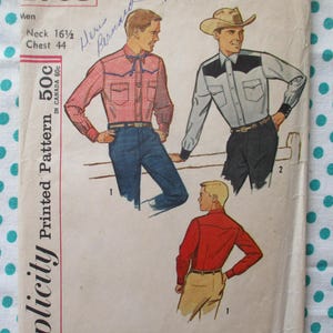 May include: Vintage sewing pattern featuring illustrations of men's Western-style shirts. The pattern includes designs for shirts with details like a gingham pattern, contrasting yokes, and a cowboy hat. The text on the pattern reads "Men", "Neck 16 1/2", and "Chest 44".