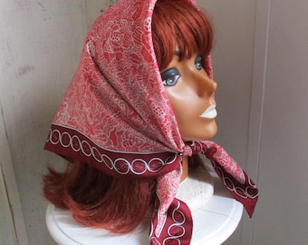 Vintage 1970s red silk scarf  abstract 26 x 26 inches