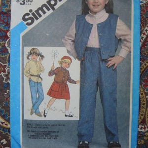 vintage 1980s simplicity sewing pattern 6608 girls pull on pants skirt shirt and lined vest  size 3-4-5 UNCUT