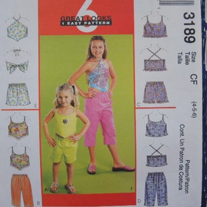 2000s McCalls sewing pattern 3189 girls tops pull on capri pants or shorts  size 4-5-6 UNCUT