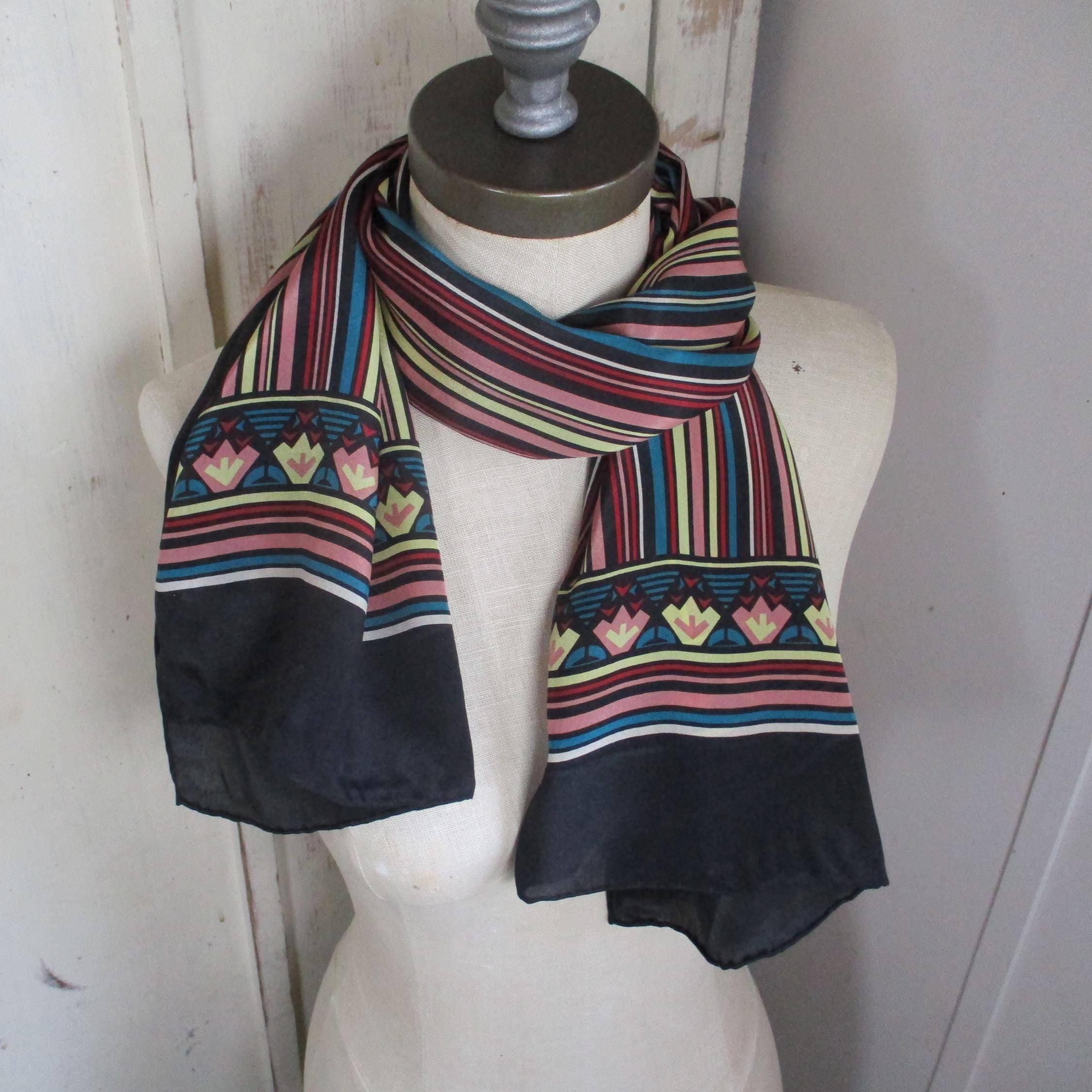 Foulard En Soie Vintage Echo - 90 X 90 Cm, Bleu Et Marron - Occasion Bon état