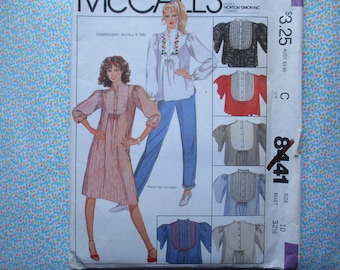 Molde de costura McCalls vintage dos anos 80, número 8441, para vestido ou blusa feminina, tamanho 10.