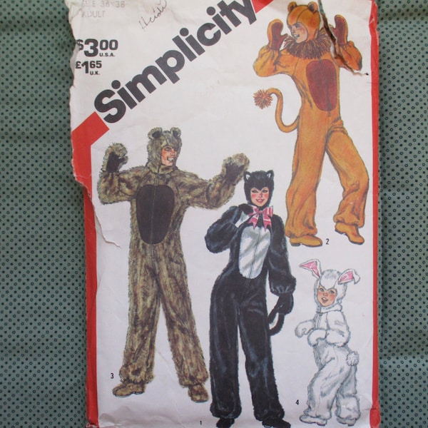 vintage 1980s Simplicity sewing pattern 5739 Adult costumes bunny bear lion cat size medium 36-38