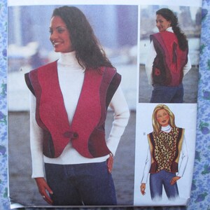 May include: A sewing pattern featuring three different vest designs. The first vest is a red and black patterned vest with a button closure. The second vest is a solid red vest with a button closure. The third vest is a leopard print vest with a brown and black pattern.