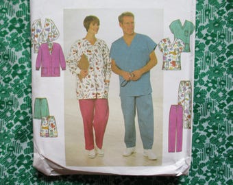 1990s sewing pattern Simplicity 8088 unisex scrubs tops pants shorts jacket  sizes XS-S