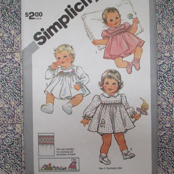 vintage 1980s Simplicity sewing pattern 5817 Babies plain or smocked dress with panties size 6 months UNCUT