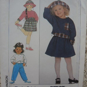 vintage 1980s Simplicity sewing pattern 9325 girls pullon pants and skirt knit top and hat size 3-4-5-6-6X UNCUT