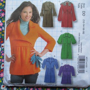 May include: A sewing pattern for a dress with a wrap style neckline. The pattern is for sizes 12-14-16-18. The pattern includes instructions for making a dress with a wrap style neckline, a long sleeve, and a fitted waist. The pattern also includes instructions for making a dress with a round neckline, a short sleeve, and a fitted waist. The pattern is for a dress that can be made in a variety of fabrics, including cotton, linen, and silk.