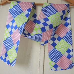 vintage 1960s acetate scarf mod era geometric green pink blue white 5.5 x 53 inches