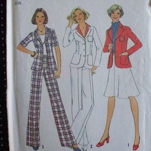 May include: A sewing pattern for three different outfits. The first outfit is a red jacket with a white skirt. The second outfit is a white jacket with white pants. The third outfit is a plaid jacket with plaid pants.