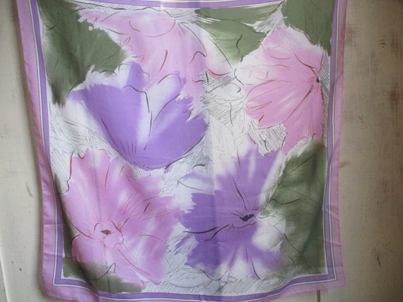 Vintage 1980s scarf polyester abstract purple  fl… - image 1