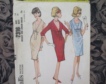 vintage 1960s McCalls sewing pattern 7316 misses shift dress with detachable dickey and cuffs size 14