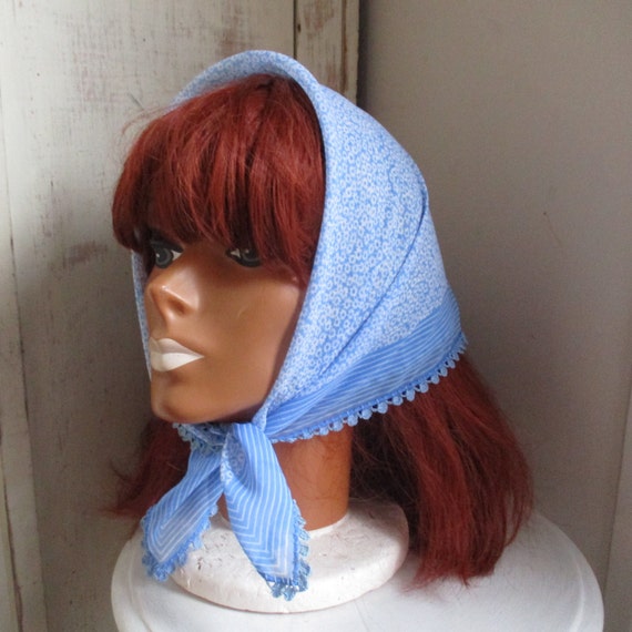 Vintage 1970s polyester scarf blue sheer small pr… - image 3