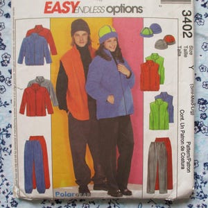 May include: A sewing pattern for a fleece jacket with different color options. The pattern includes instructions for making a jacket with a hood, pockets, and a zipper closure. The pattern is available in sizes small, medium, and large.