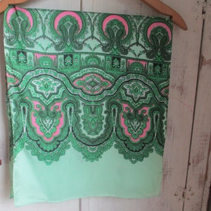 Vintage 1960s acetate scarf  green and pink paisley made in Japan 14 x 65 inches