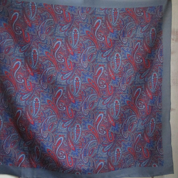 Vintage 1970s Honig polyester scarf paisley gray red and blue made in Italy 29 x 30 inches