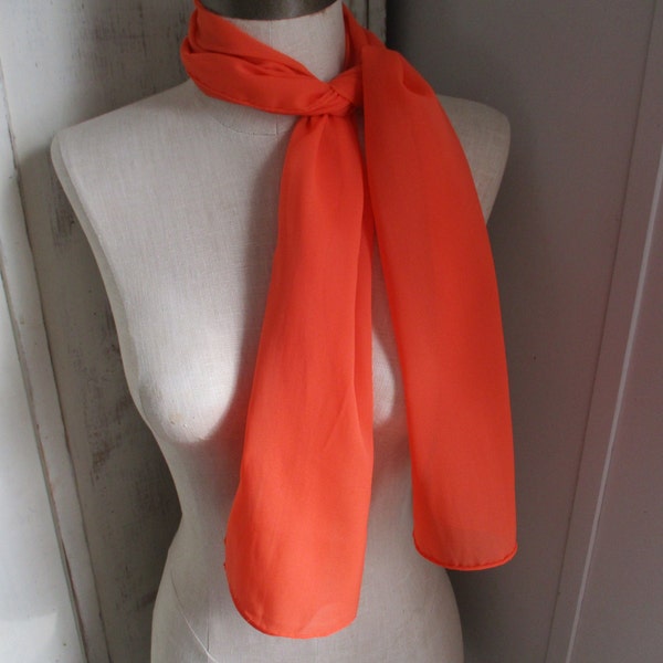 vintage 1960s sheer polyester scarf orange hand rolled hem 14 x 47 inches