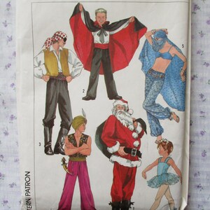 May include: A sewing pattern for five different costumes. The costumes include a pirate, a magician, a belly dancer, Santa Claus, and a ballerina. The pattern is printed on white paper with black and red text.