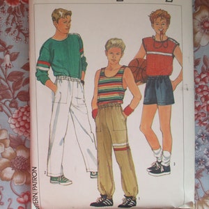 vintage 1980s simplicity sewing pattern 6927 boys easy to sew pullover tops pull on pants or shorts size 14-16-18