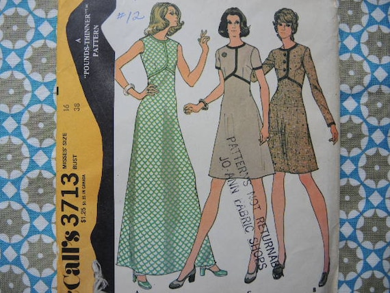 Vintage 1970s Mccalls Sewing Pattern 3713 Misses High Waisted Dress  Sleeveless Long Sleeved or Short Sleeved Size 16 UNCUT