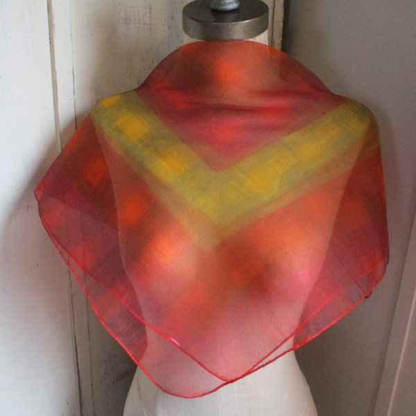 Vintage 1960s mod era sheer nylon chiffon scarf abstract red yellow green  26 x 27 inches