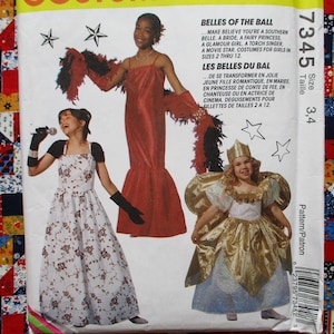Patrón de costura McCalls 7345 de la década de 1990 para disfraces de Halloween para niños, princesa hada, novia, cantante de antorcha, bella sureña, talla 3-4