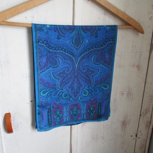 Vintage 1980s silk scarf ornate blue green pink ornate paisley 10 x 52 inches