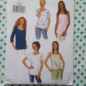 May include: A sewing pattern featuring illustrations of various tops. The tops include a blue long-sleeve tunic, a tie-dye t-shirt, a pink tank top, a white t-shirt with a pocket, and a beige tank top. The pattern is on a white background with a teal polka dot pattern.