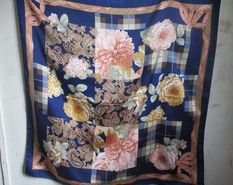 Vintage 1990s polyester scarf navy blue plaid floral  31 x 31 inches