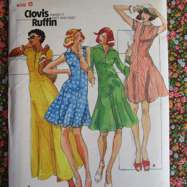 vintage 1970s Butterick designer sewing pattern Clovis Ruffin 3606 dress in three lengths with sleeve variations UNCUT size 8