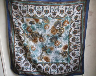 Vintage 1980s designer polyester scarf Cinzia Fiori for Tie Rack abstract floral green blue 31 x 31 inches