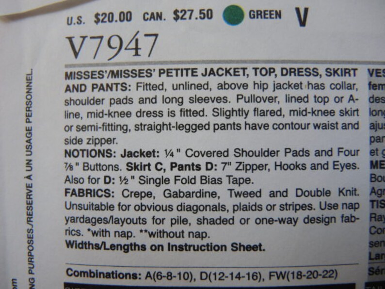 2000s Vogue sewing pattern 7947 misses jacket top dress skirt and pants size 12-14-16 UNCUT image 4