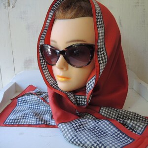 Vintage 1970s polyester scarf burnt umber with black and white plaid  14 x 44 inches