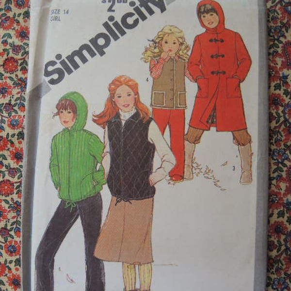 vintage 1980s Simplicity sewing pattern 5251 UNCUT girls lined hooded coat unlined quilted vest and hooded jacket and vest  size 14