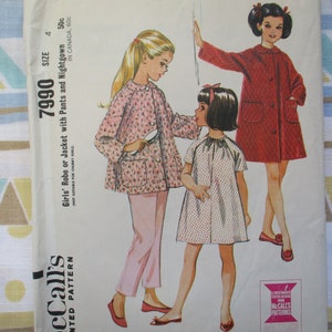 vintage 1960s McCalls sewing pattern 7990 girls robe or jacket with pants and nightgown size 4