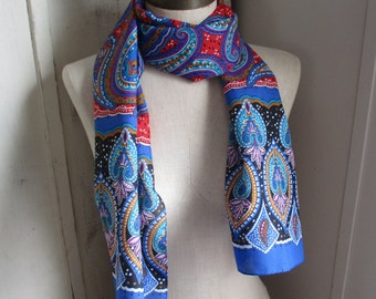 Vintage 1990s scarf paisley globally inspired polyester paisley blue red black 11 x 53 inches