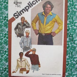 May include: Simplicity sewing pattern for men's shirts. The pattern features illustrations of various shirt styles, including a yellow shirt with blue yoke, a black leather jacket, a light blue shirt, and a red plaid shirt. The pattern includes the price.