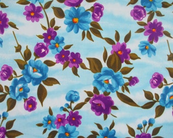 vintage 1960 tessuto poliestere blu e viola fiori floreali no stretch