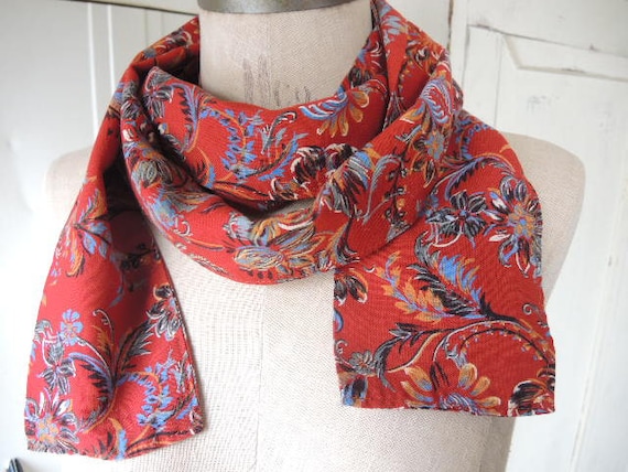 Vintage 1970s polyester scarf rusty red floral fl… - image 1