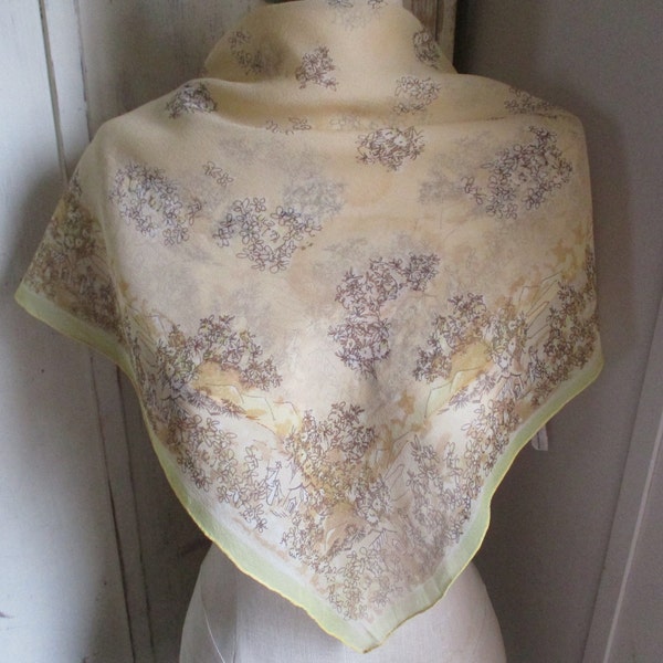 Vintage Vera sheer scarf silk and vinal pale yellow floral flowers 25 x 25 inches