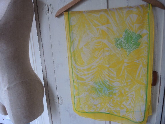 Vintage 1960s sheer scarf  yellow and green tropi… - image 1