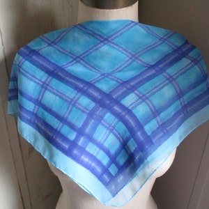 Vintage NY & Co designer scarf sheer polyester blue and aqua plaid design 20 x 20 inches