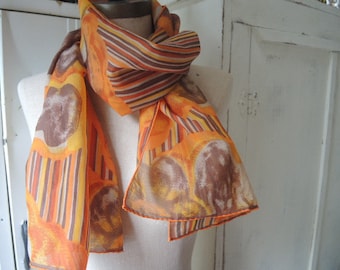 Vintage 1970s sheer polyester scarf abstract  13 x 55 inches