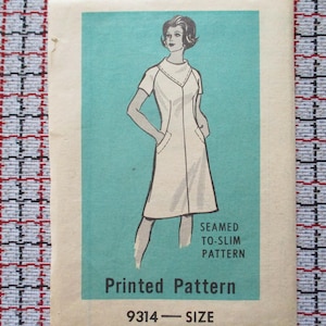 May include: Vintage sewing pattern featuring a line drawing of a woman in a white dress with short sleeves and pockets. The pattern is labeled "Seamed to Slim" and "Printed Pattern" with the size 9314.