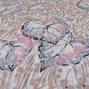 Vintage 1960s sheer cotton fabric lawn fabric abstract leaves flowers grass design tan white pink gray black 36 inches wide BTY
