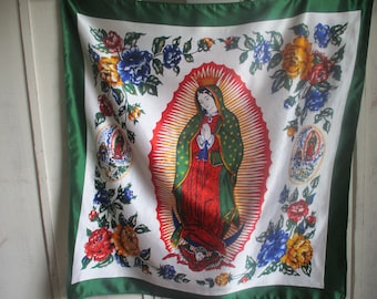 vintage satin polyester scarf colorful Virgin Mary 30 x 31 inches